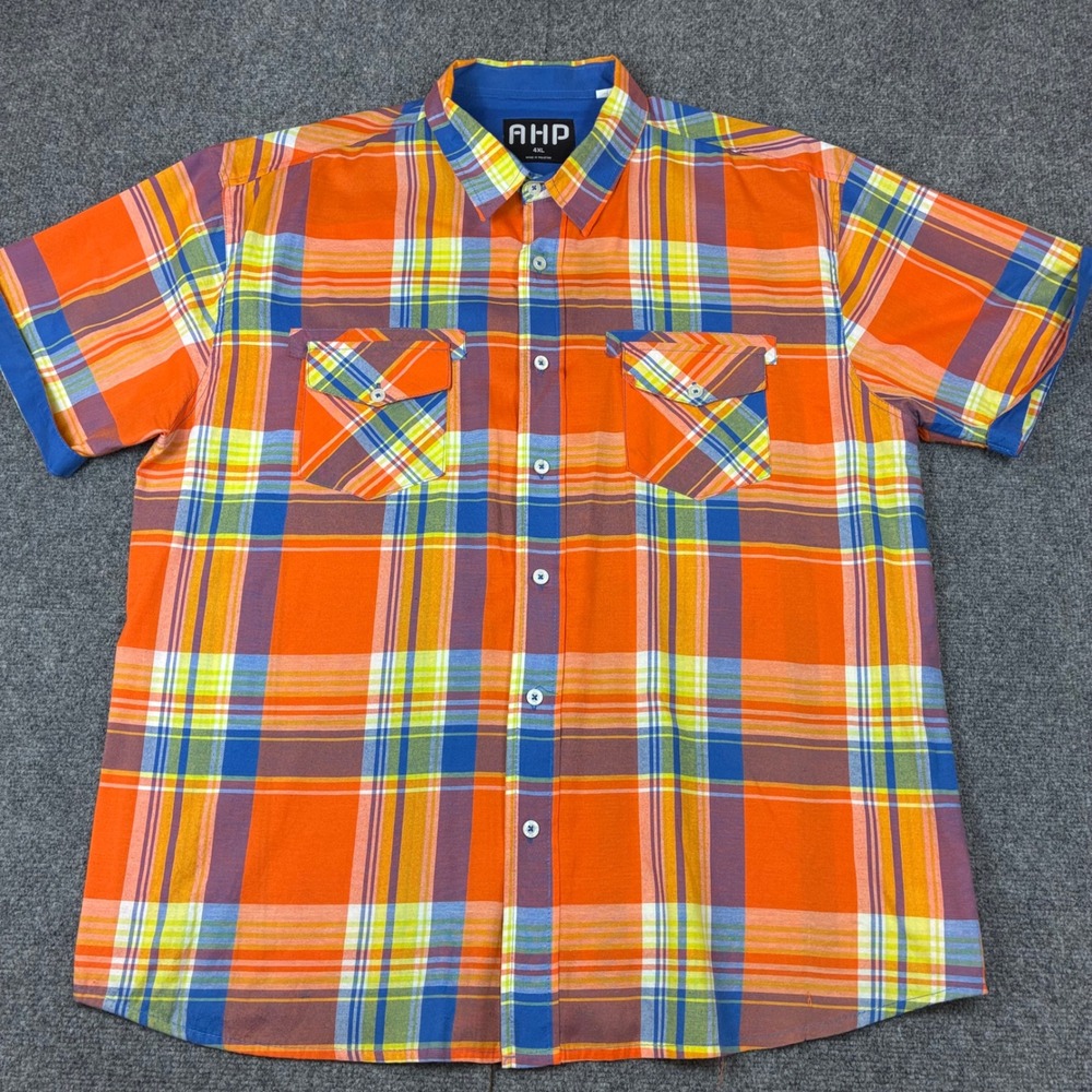 VTG AHP Mens 4XL Plaid Short Sleeve Button Down Shirt Orange Blue Yellow Casual